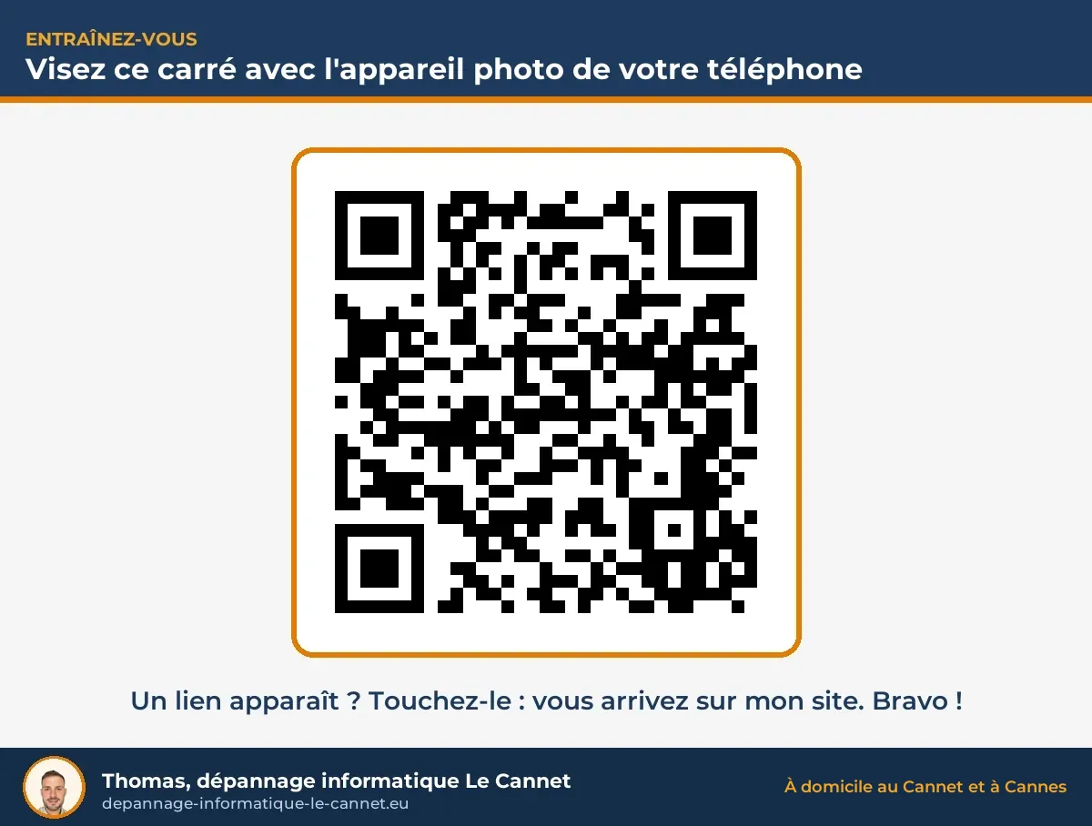 QR code d'entraînement qui mène au site de Thomas, dépannage informatique au Cannet