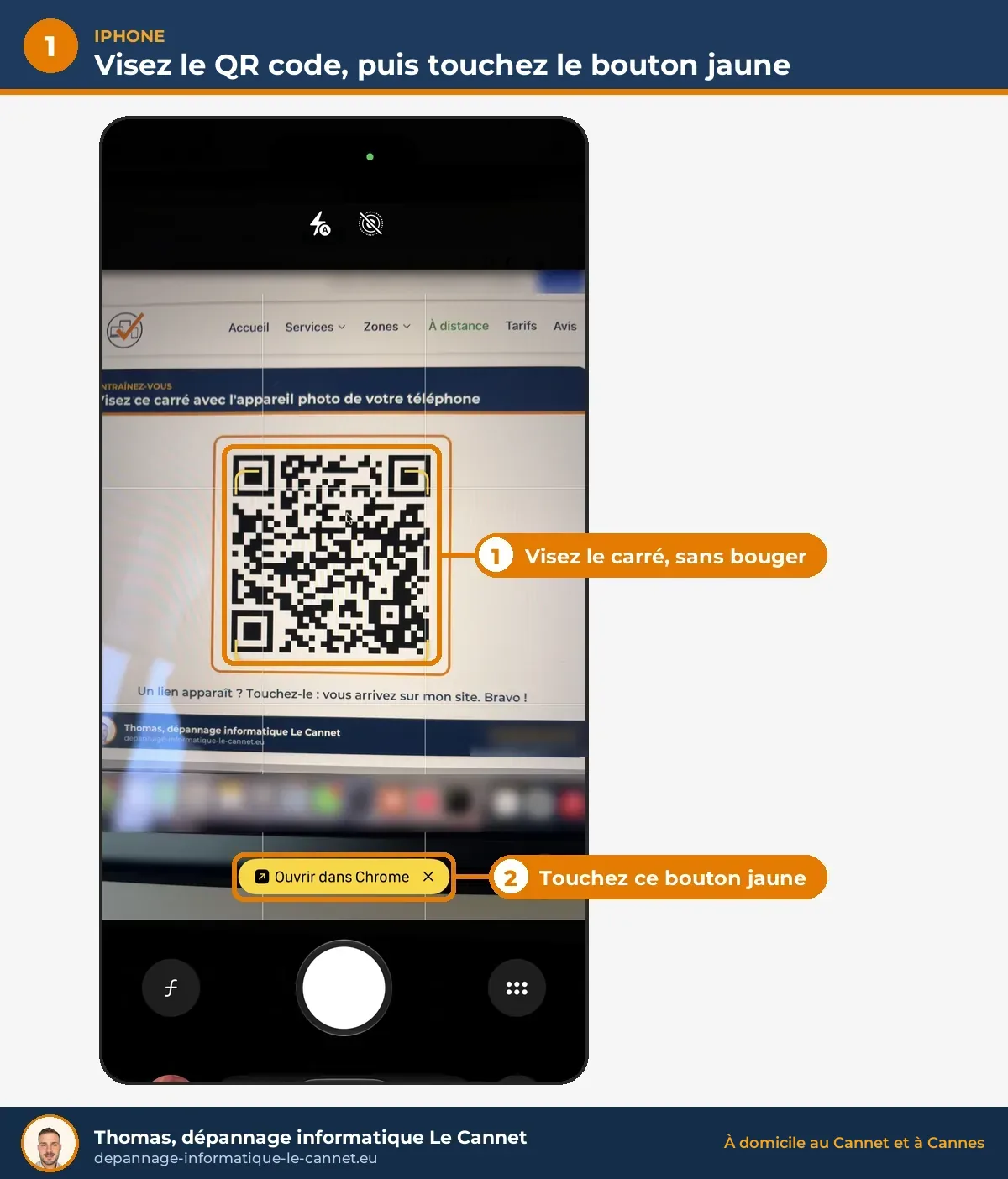 Scanner un QR code sur iPhone : l'appareil photo vise le QR code et le bouton jaune Ouvrir dans Chrome apparaît