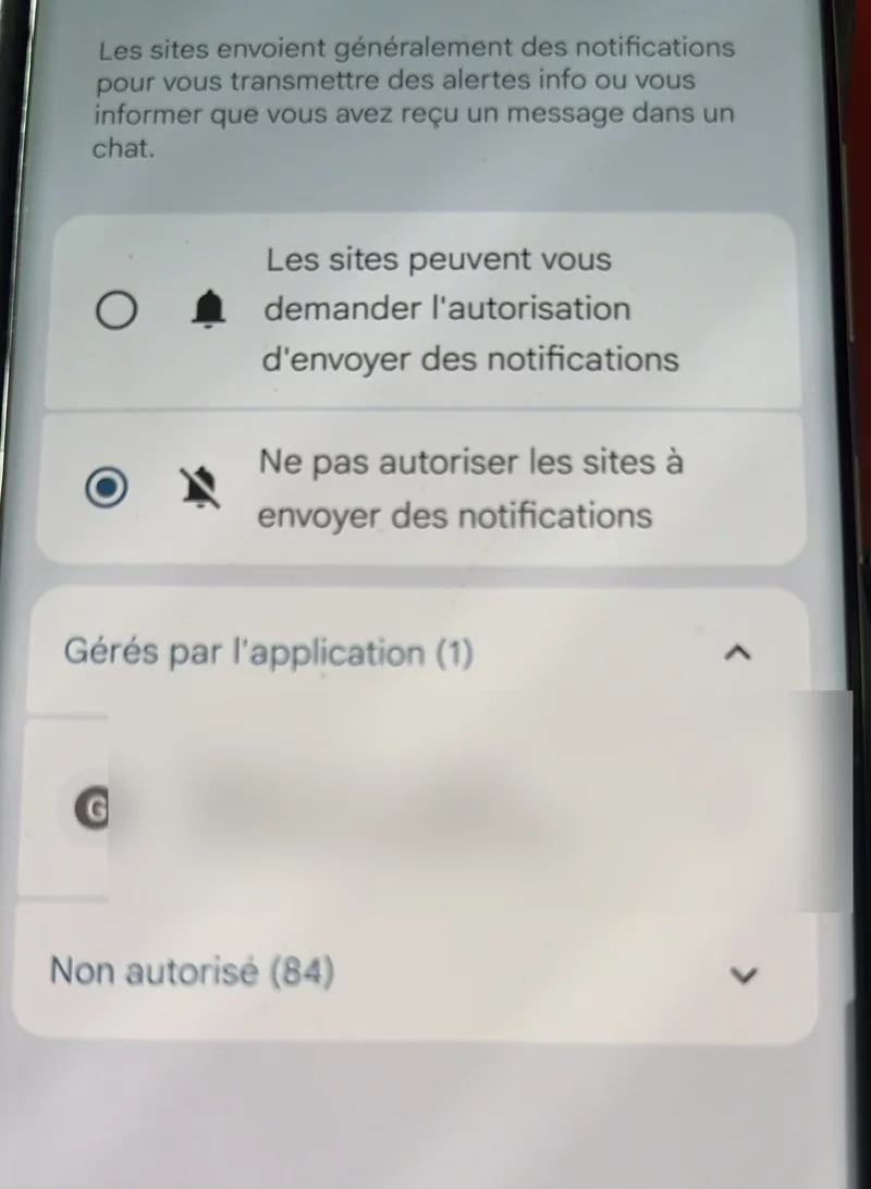 Réglage des notifications de Chrome sur Ne pas autoriser les sites à envoyer des notifications