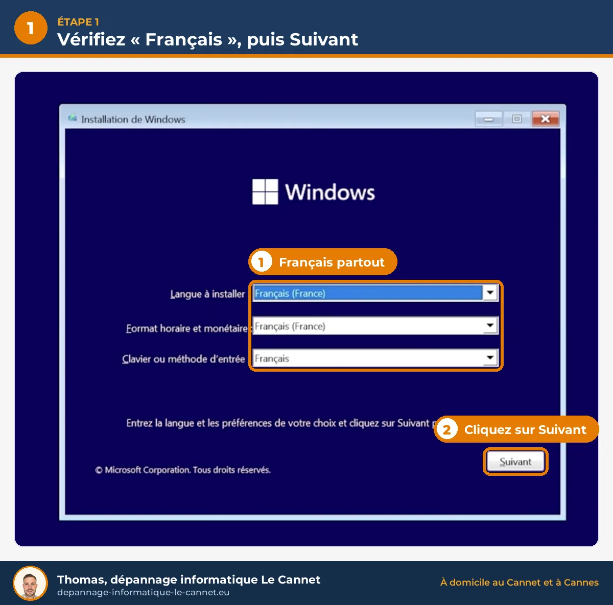 Premier écran d'installation de Windows 11 : choisir la langue française