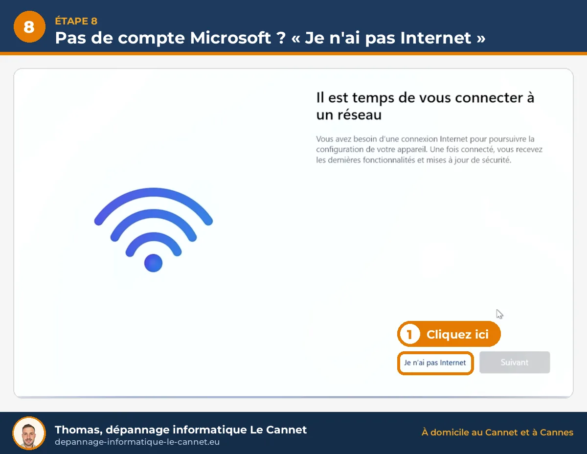 Écran Il est temps de vous connecter à un réseau, lien Je n'ai pas Internet