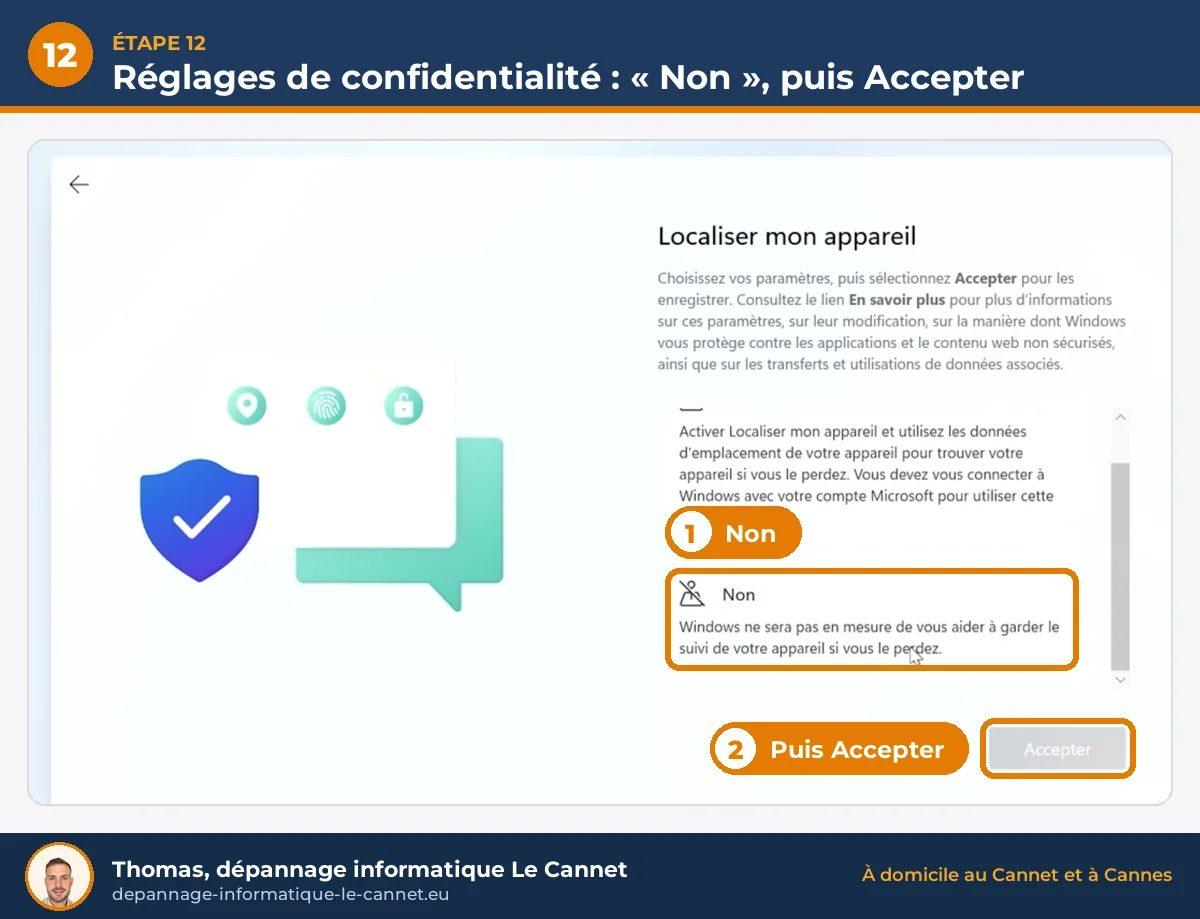 Réglages de confidentialité de Windows 11 : choisir Non puis Accepter